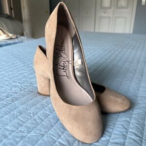 Libby Edelman Jenna Faux Suede Beige Block Heels, Size 8